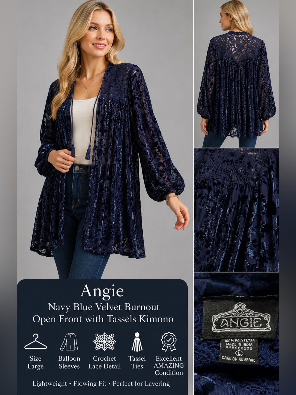 Angie Navy Blue Velvet Burnout Open Front Kimono Cardigan Size Large Boho